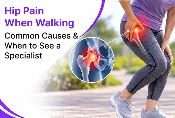 Man holding his hip in discomfort while walking outdoors